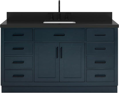ARIEL Hepburn 60-inch Bathroom Vanity with Sink,Solid Wood, 1.5-inch Carbon Black Quartz Countertop, Single Rectangular Porcelain Sink, Soft Closing Doors, Dovetail Drawers, Midnight Blue