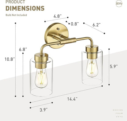 zeyu 14.4 Inch Vanity Light Fixture, Vintage Bathroom Lamp, Gold Bathroom Light Fixtures with Clear Glass Shade, Brushed Gold Finish, ZS62B-2W BG
