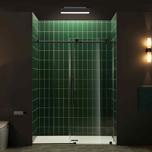 Woodbridge 56-60" W x 80" H Frameless Single Sliding Shower Door with Tempered Glass & Explosion Proof Film in Matte Black Finish