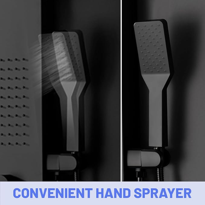 BWE Black Shower Tower Multifunction Shower Panel System | Stainless Steel Panel with Handheld Wand Rainfall Shower Head Wall Mount Shower Column