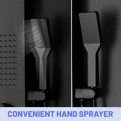 BWE Black Shower Tower Multifunction Shower Panel System | Stainless Steel Panel with Handheld Wand Rainfall Shower Head Wall Mount Shower Column