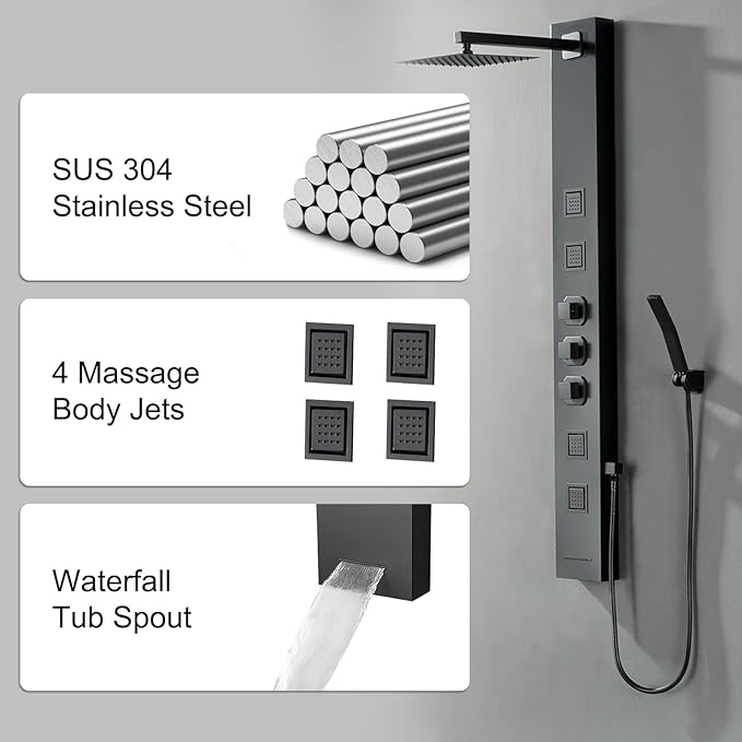 Homevacious Shower Panel Tower System,Stainless Steel Bathroom Stand Up Shower Kit,Wall-Mount Shower Panels with Rainfall Shower Head,4 Massage Body Jets,Tub Spout and Handheld Shower,Matte Black