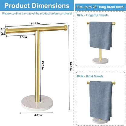 Hand Towel Holder for Bathroom Vanity, Freestanding Towel Stand, Gold | T-shape Stainless Steel Towel Rack with Heavy Marble Base for Hand Towels on Bathroom Vanities, Guest Baths or Counters