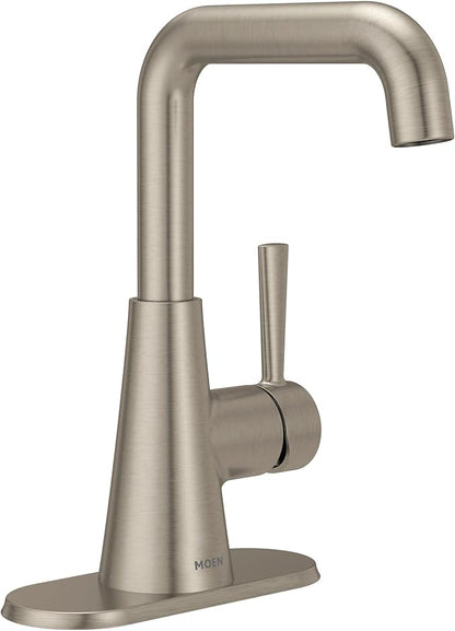 Moen Ronan Spot Resist Brushed Nickel Double Bend Single Hole Modern Bathroom Sink Faucet with Optional Deckplate and Spring Loaded Drain Assembly, 84024SRN