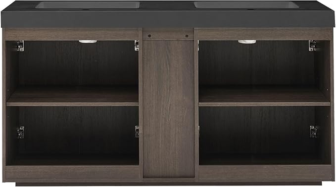 60" Bathroom Vanity with Double Sink, Freestanding Double Sink Bathroom Vanity with Black Engineered Stone Top, Open Storage Cabinet & Adjustable Shelf, 4 Soft-Closing Doors, Smoked Oak Brown