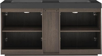 60" Bathroom Vanity with Double Sink, Freestanding Double Sink Bathroom Vanity with Black Engineered Stone Top, Open Storage Cabinet & Adjustable Shelf, 4 Soft-Closing Doors, Smoked Oak Brown