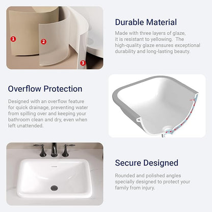 Bathroom Vessel Sink 18" x 14" Semi Recessed Sink White Drop in ceramic Sink with Overflow Modern Sinks Bowl Vanity Above Counter Basin