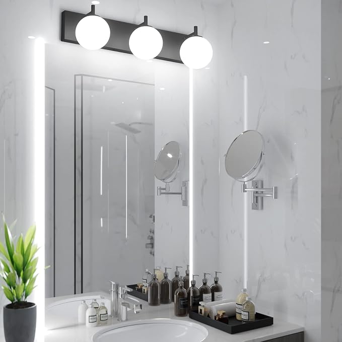 Aipsun Matte Black Vanity Light 3 Lights Modern Bathroom Light Fixture Over Mirror with Milky White Glass Shades, Black Wall Light for Bathroom (Exclude Bulb)