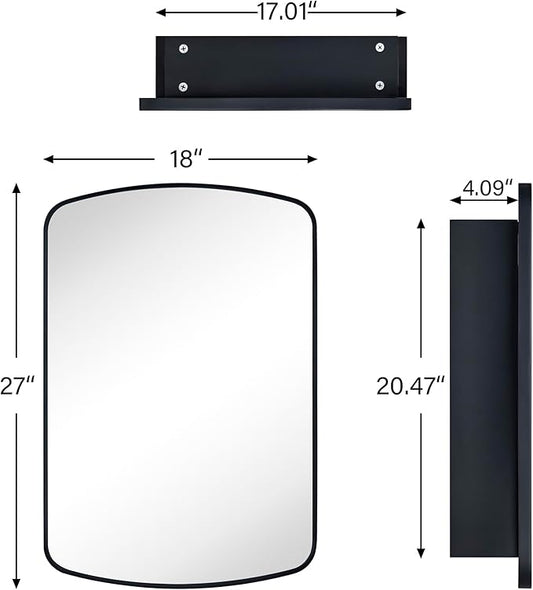 Brushed Gold Arched Recessed and Surface Mount Bathroom Medicine Cabinet with Mirror Metal Framed Rectangular Bathroom Cabinet with 3 Tempered Glass Adjustable Shelves 18x27''