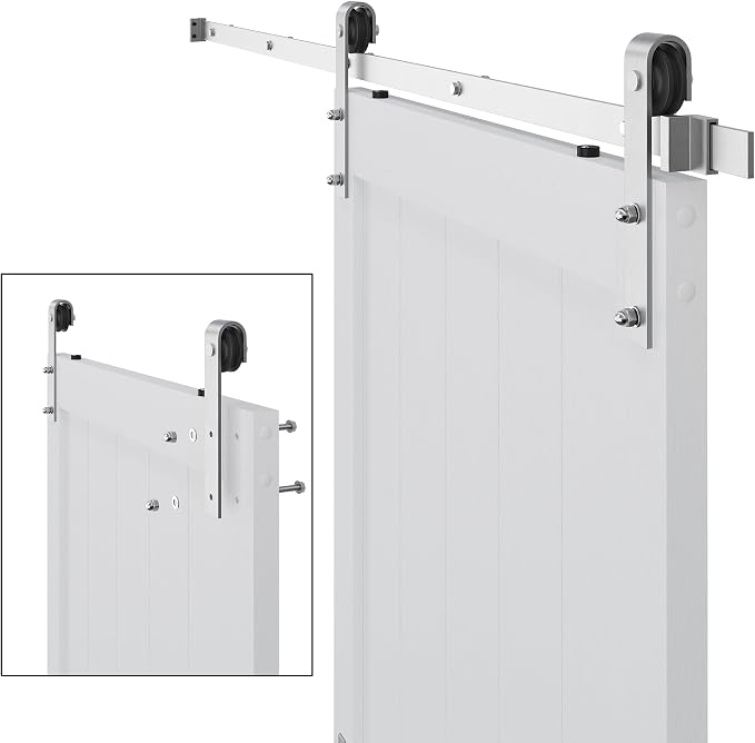 42" x 96" Sliding Barn Door with 7ft Brushed Nickel Hardware Kit & Handle | Pre-Drilled Holes Easy Assembly -White Solid Barn Door Slab Covered with Water-Proof PVC Surface, H-Frame