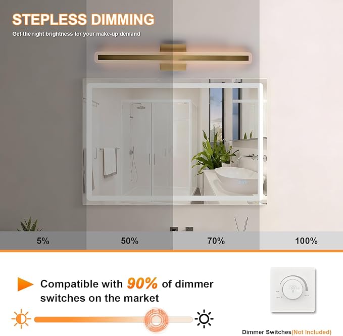 15.7 Inch Modern Bathroom Vanity Light, 20W Dimmable LED Vanity Lights 2700K-5500K, Brushed Brass LED Bar Lights Wall Sconces Bath Light Fixtures Over Mirror for Bathroom Cabinets Bedroom
