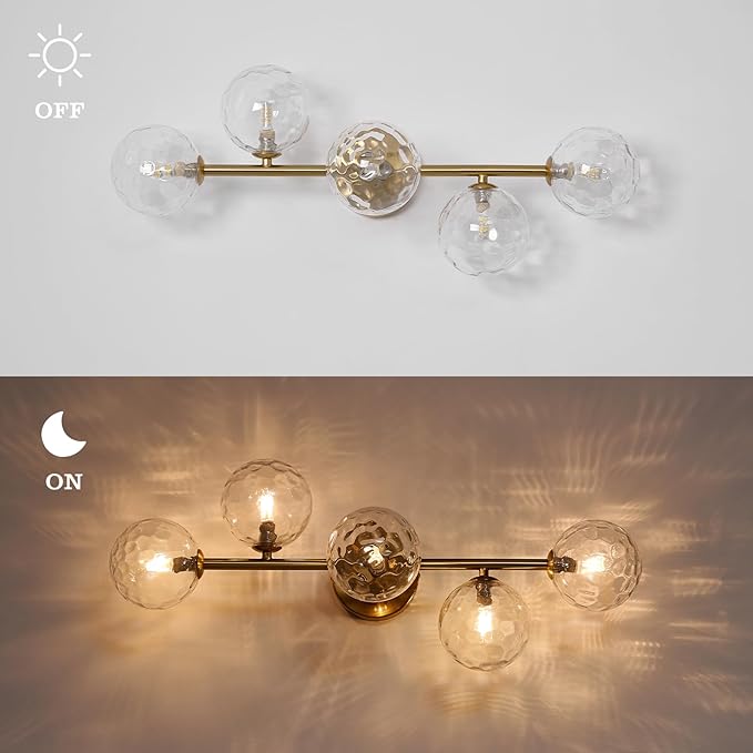 Bathroom Vanity Mirror Light Fixtures: Dimmable 5 Lights Bath Wall Sconce Lighting - Brass Gold Vanity Lights with Hammered Clear Glass Shade - Modern Minimalist Makeup Light Above Mirror G9 Base
