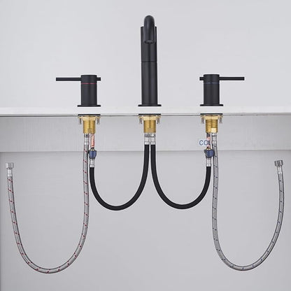 Black Bathroom Faucet 3-Hole, 2-Handle 8 Inch Widespread Matte Black Bathroom Sink Faucet with 360° Swivel Crossing Spout, with Metal Overflow Drain & cUPC Waterline