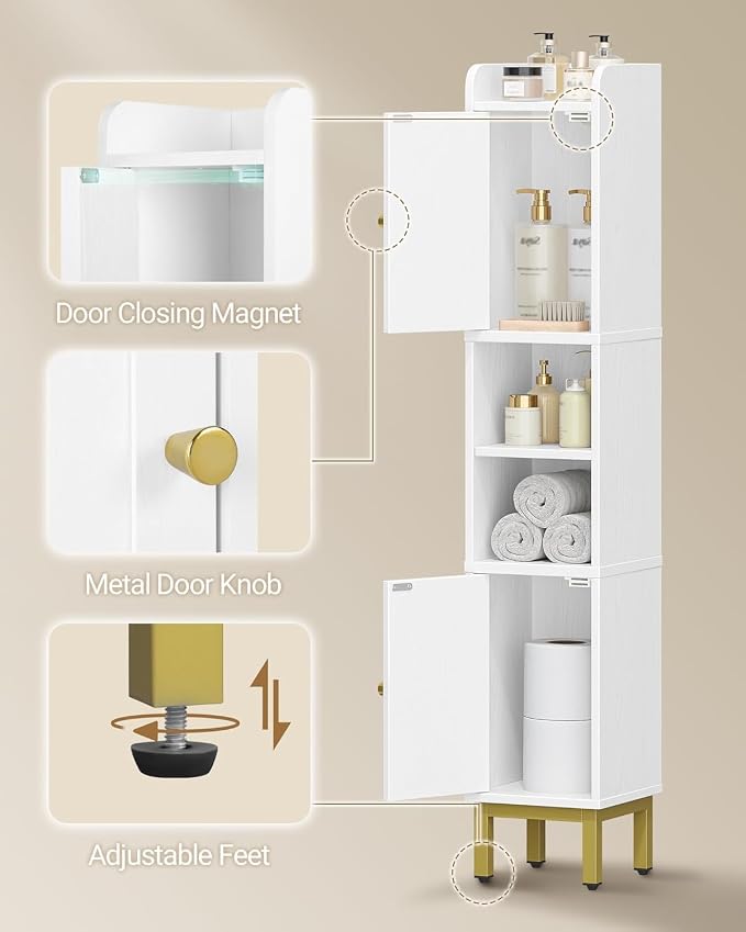 Hzuaneri Slim Bathroom Storage Cabinet, Narrow Bathroom Organizers,2 Doors | Narrow Bathroom Storage with 4 Adjustable Feet, Laundry Room Organization for Small Space,Kitchen, White BC22413G