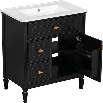 30" Bathroom Vanity with Ceramic Sink, 1 Flip Drawer & 2 Side Drawers, Modern Freestanding Storage Cabinet w/Adjustable Shelf & Golden Metal Handles, Solid Wood Frame, Black