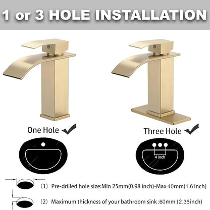 Gold Waterfall Bathroom Faucet Single Hole Single Handle | SUS 304 Stainless Steel,with Pop Up Drain Assembly & Deck Plate,Lavatory Rv Vanity Mixer Tap,3/8" Supply Hoses,Deck Mount