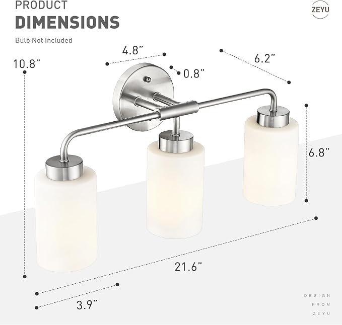 zeyu 21.6-Inch 3-Light Bathroom Lights Over Mirror Fixture, ZS62B-3W BN | Brushed Nickel Vanity Lighting, Milky White Glass Shade, Up/Down Mount, 3 E26 Bulbs Up To 60W Each, For Bathroom Mirror