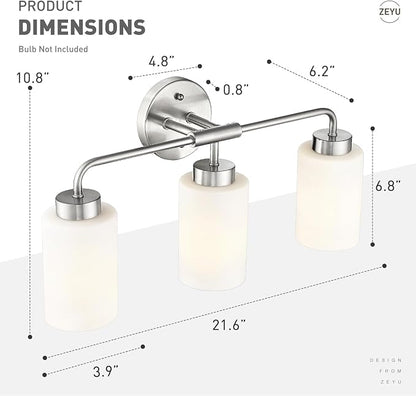 zeyu 21.6-Inch 3-Light Bathroom Lights Over Mirror Fixture, ZS62B-3W BN | Brushed Nickel Vanity Lighting, Milky White Glass Shade, Up/Down Mount, 3 E26 Bulbs Up To 60W Each, For Bathroom Mirror
