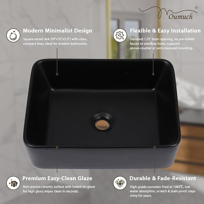 Black Vessel Sink, 19x15 Inch Bathroom Sink Rectangle Above Counter | Modern Ceramic Vessel Sink, Stain Resistant Wash Basin for Bathroom Vanity & Powder Room