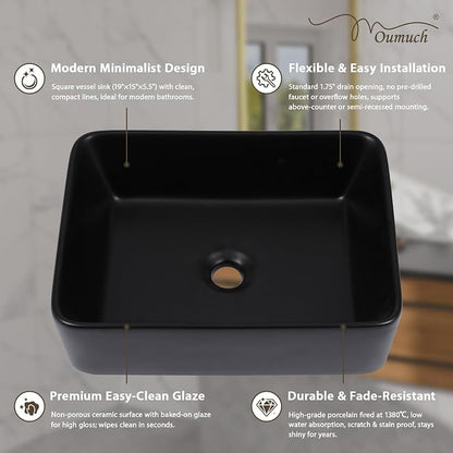 Black Vessel Sink, 19x15 Inch Bathroom Sink Rectangle Above Counter | Modern Ceramic Vessel Sink, Stain Resistant Wash Basin for Bathroom Vanity & Powder Room
