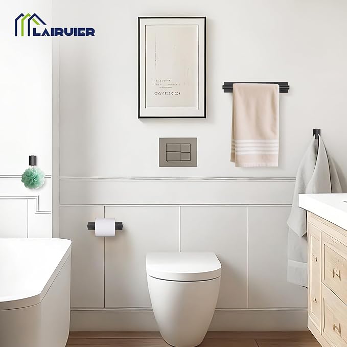 Lairuier Matte Black Bathroom Hardware Set, Adhesive or Screw Wall Mounted | Bathroom Accessories Set, Adhesive or Screw Wall Mount Toilet Paper Holder and Hand Towel Bar Holder, No Drill 2 Towel Hooks