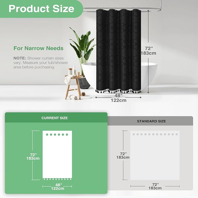 Stall Boho Farmhouse Shower Curtain Tufted Geometric 48"x72" Black | 48 Inch Wide, Elegant Tassel, Lightweight Textured Fabric, Water Repellent, Washable, for Narrow Bathroom/Dorm 8 Hooks
