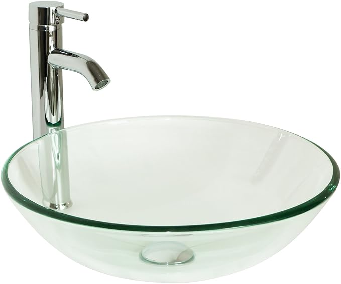 wonline Bathroom Round Tempered Clear Glass Vessel Sink Chrome Faucet & Pop-up Drain