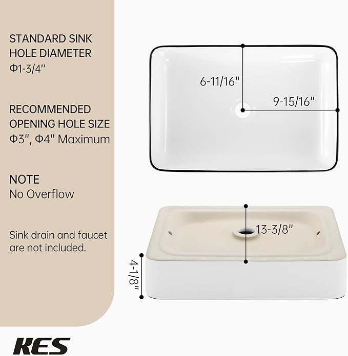 KES 20 Inch Bathroom Vessel Sink with Black Trim Above Counter Rectangular White Ceramic Countertop Sink for Cabinet Lavatory Vanity, BVS123S50-W/B