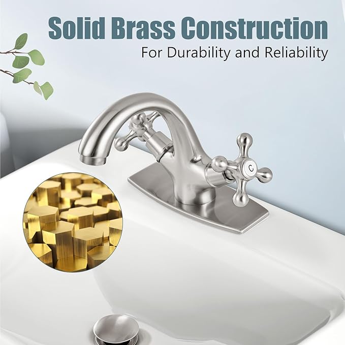 Aolemi Bathroom Sink Faucet Single Hole Cold and Hot Double Handle Cross Knobs Vanity Vessel Sink Basin Mixer Tap with Deck Cover Plate with Pop Up Drain Brushed Nickel