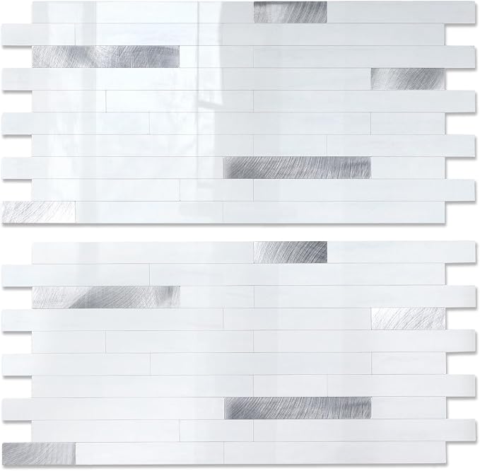 Yipscazo 20 Sheets Peel and Stick Stone Metal Backsplash Tiles, PVC Wall Tiles Stick on Backsplash for Kitchen, Bathroom (6'' X 12'', White with Grey)