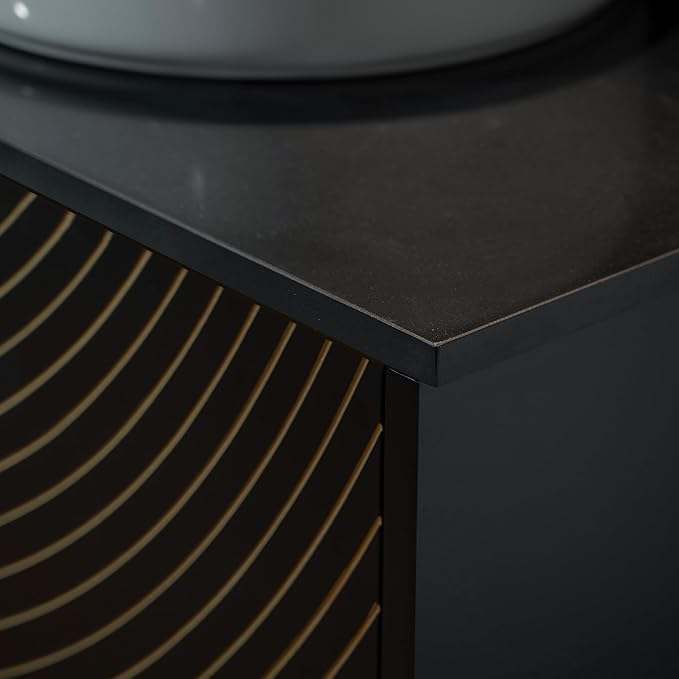 Woodbridge 60"X22" Wall Mounted Vanity with Double Ceramic Round Vessel Sinks,Black Engineered Stone Vanity Top,Floating Design with Hand-Painted Black & Gold Accents,Space-Saving for Modern Living