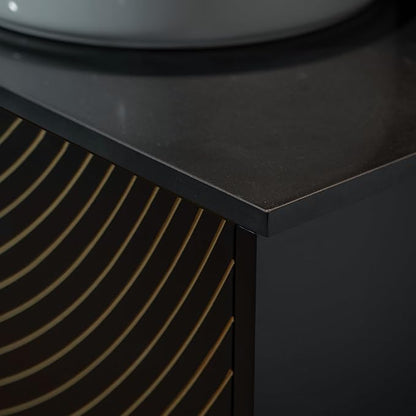 Woodbridge 60"X22" Bathroom Vanity with Double Ceramic Round Vessel Sinks,Black Engineered Stone Vanity Top– Hand-Painted Black & Gold Accents, Sleek Thin-Leg Frame, Space-Saving for Modern Living