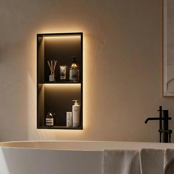 304 Stainless Steel LED Recessed Black Shower Niche 12"x24" Double Shelves | Waterproof Rustproof Bathroom Shower Niche Insert No Tile Needed, for Shower & Bathroom Storage