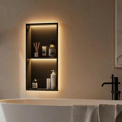 304 Stainless Steel LED Recessed Black Shower Niche 12"x24" Double Shelves | Waterproof Rustproof Bathroom Shower Niche Insert No Tile Needed, for Shower & Bathroom Storage