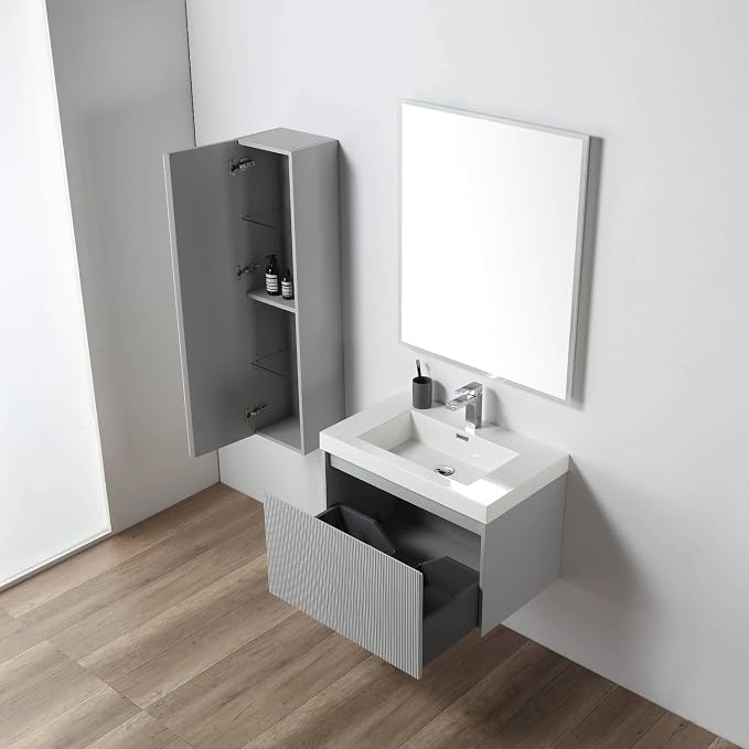 Blossom Positano Wall Mounted Bathroom Vanity with Acrylic Sink & Side Cabinet | All Wood Floating Vanity Cabinet | Soft-Close Drawer | Modern Minimalist Style (Light Grey, 30" w/Sink & SC)