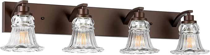 Vintage 4-Light Bathroom Vanity Light, Oil Rubbed Bronze Bathroom Light Fixtures with Floral Clear Glass Shades, Antique Wall Sconce Fixtures for Dressing Table, Bedroom