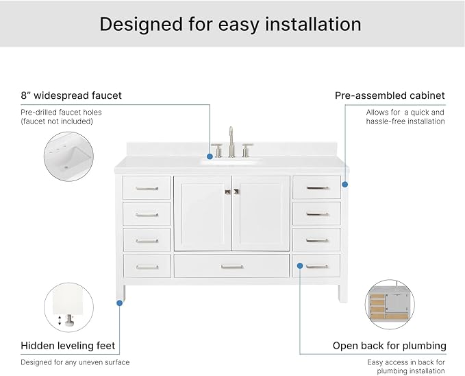 ARIEL Cambridge 60-inch Bathroom Vanity with Sink,Solid Wood, 1.5-inch Carrara White Quartz Countertop, Single Rectangular Porcelain Sink, 2 Soft Closing Doors, 9 Dovetail Drawers, White