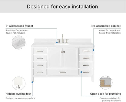 ARIEL Cambridge 60-inch Bathroom Vanity with Sink,Solid Wood, 1.5-inch Carrara White Quartz Countertop, Single Rectangular Porcelain Sink, 2 Soft Closing Doors, 9 Dovetail Drawers, White