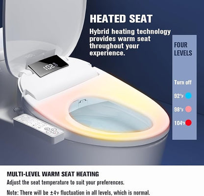 Toilet Bidet Seat, Instant Warm Water, Self-Cleaning Nozzle, Multiple Spraying Modes, Electric Heated Seat, Warm Air Drying, Soft Closed Lid, Display Screen, Requires Electricity, Elongated