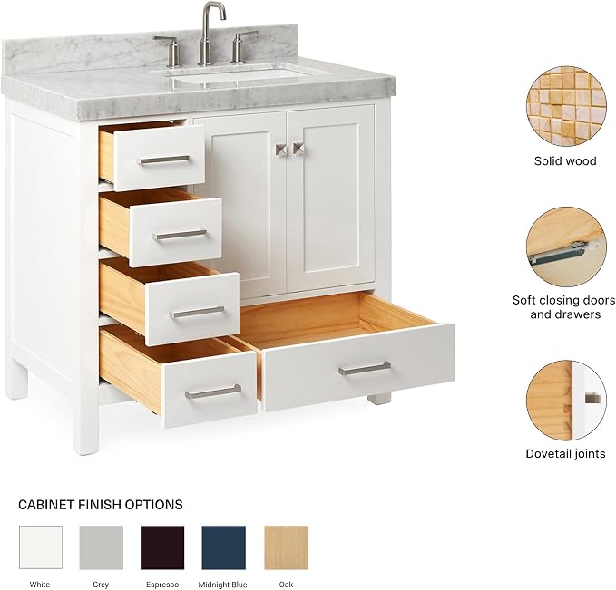 ARIEL Cambridge 36-inch Bathroom Vanity with Sink,Solid Wood, 2-inch Italian Carrara Marble Countertop, Single Rectangular Porcelain Sink, 2 Soft Closing Doors, 5 Dovetail Drawers, White