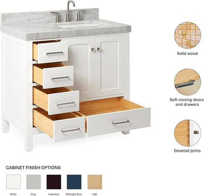 ARIEL Cambridge 36-inch Bathroom Vanity with Sink,Solid Wood, 2-inch Italian Carrara Marble Countertop, Single Rectangular Porcelain Sink, 2 Soft Closing Doors, 5 Dovetail Drawers, White