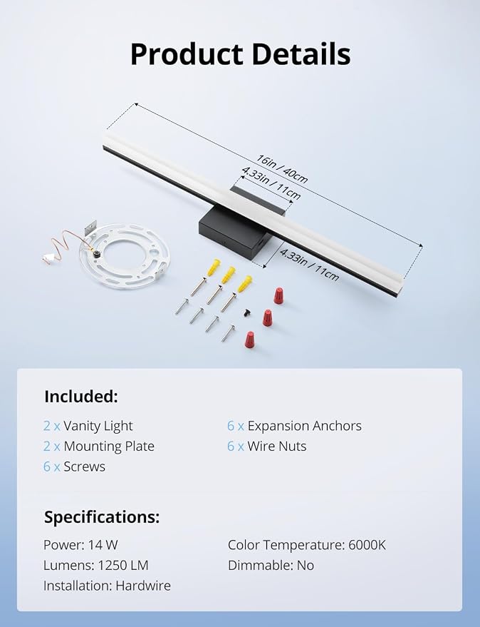 Led Vanity Lights Over Mirror Soft Shadow Free Black Bathroom Lamp for Wall,14W 24 Inch Long Restroom Lighting Bars Cool White 6000K Lámparas Luces para Baños Sobre Espejo Modernas 2 Pack