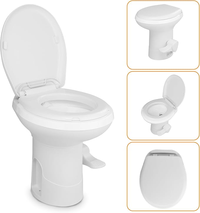 RV Portable Toilet with Gravity Flush –,Hands-Free Foot Pedal Design, Standard Seat Height for Campers & Trailers