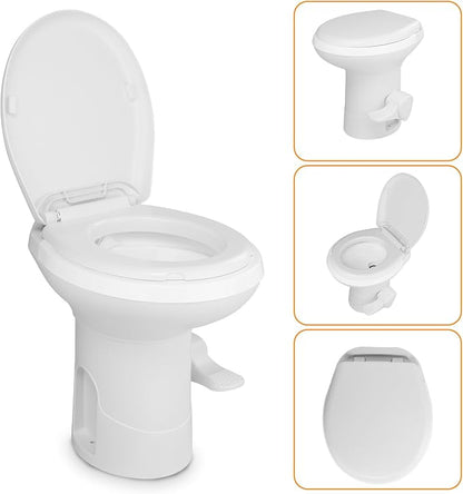 RV Portable Toilet with Gravity Flush –,Hands-Free Foot Pedal Design, Standard Seat Height for Campers & Trailers