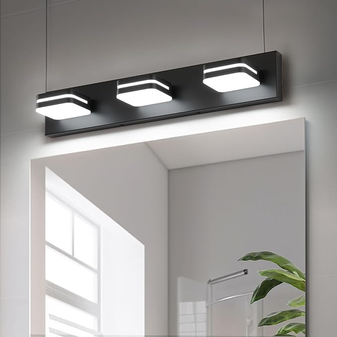 LED Modern Bathroom Vanity Light Fixtures (3-Light, 24-Inch Dimmable), Matte Black Bathroom Wall Lighting Fixtures Over Mirror with Steel Square Shade(Cool White 5500K), ETL Certificated
