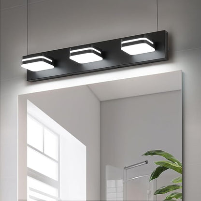 LED Modern Bathroom Vanity Light Fixtures (3-Light, 24-Inch Dimmable), Matte Black Bathroom Wall Lighting Fixtures Over Mirror with Steel Square Shade(Cool White 5500K), ETL Certificated