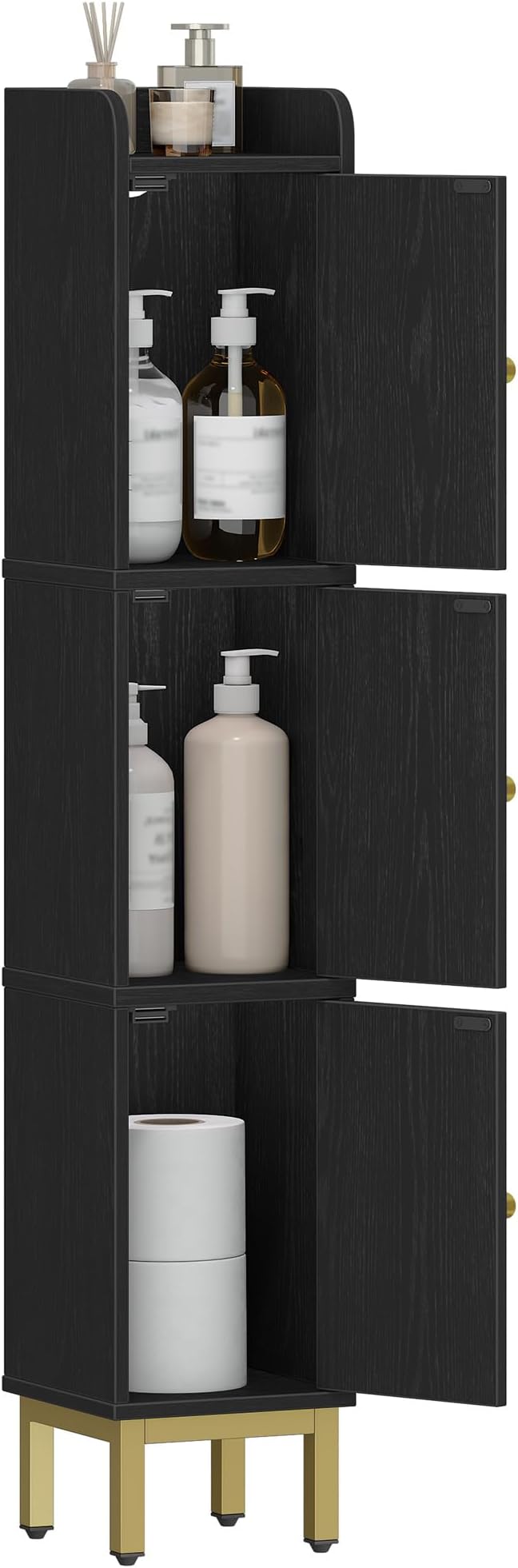 Hzuaneri Slim Bathroom Storage Cabinet, Narrow Bathroom Organizers,3 Doors | Narrow Storage Cabinet with 4 Adjustable Feet, Laundry Room Organization for Small Space, Kitchen,Living Room,Black