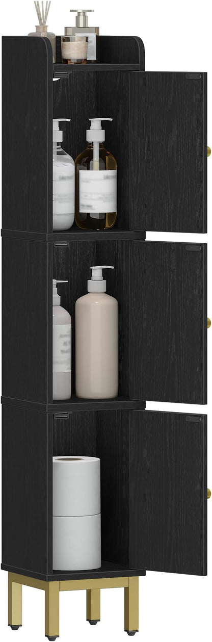 Hzuaneri Slim Bathroom Storage Cabinet, Narrow Bathroom Organizers,3 Doors | Narrow Storage Cabinet with 4 Adjustable Feet, Laundry Room Organization for Small Space, Kitchen,Living Room,Black