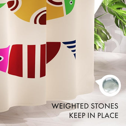 AmazerBath Cute Shower Curtain, Geometric Shaped Fish Bathroom Shower Curtain with 12 Shower Curtain Hooks, Rustic Fabric Shower Curtain Set, 72x72 Inches