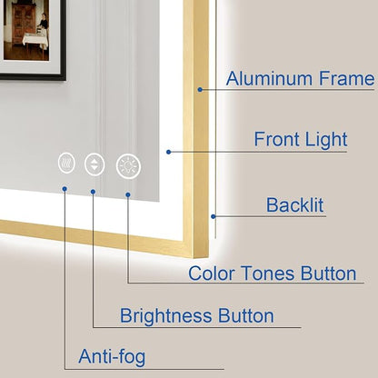 24x36 Inch LED Bathroom Mirror Gold Frame | Gold Metal Frame, Front and Backlit, 3 Colors, Dimmable, Memory, Anti Fog, Tempered Glass, Lighted Mirror for Wall